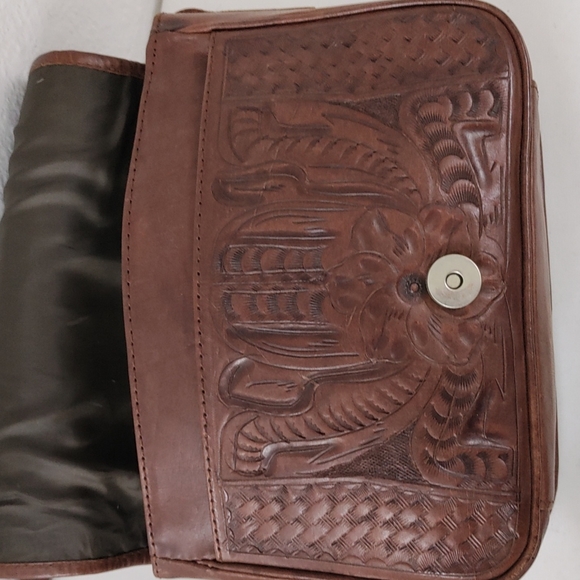 Leaders In Leather Vntg Tooled Leather Pony Hair Flap Messenger Crossbody Bag - Picture 14 of 16